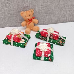 VTG XMAS Gift Ornaments Miniature Cloth Wrapped Presents Flocked Bear 80s 90s‎